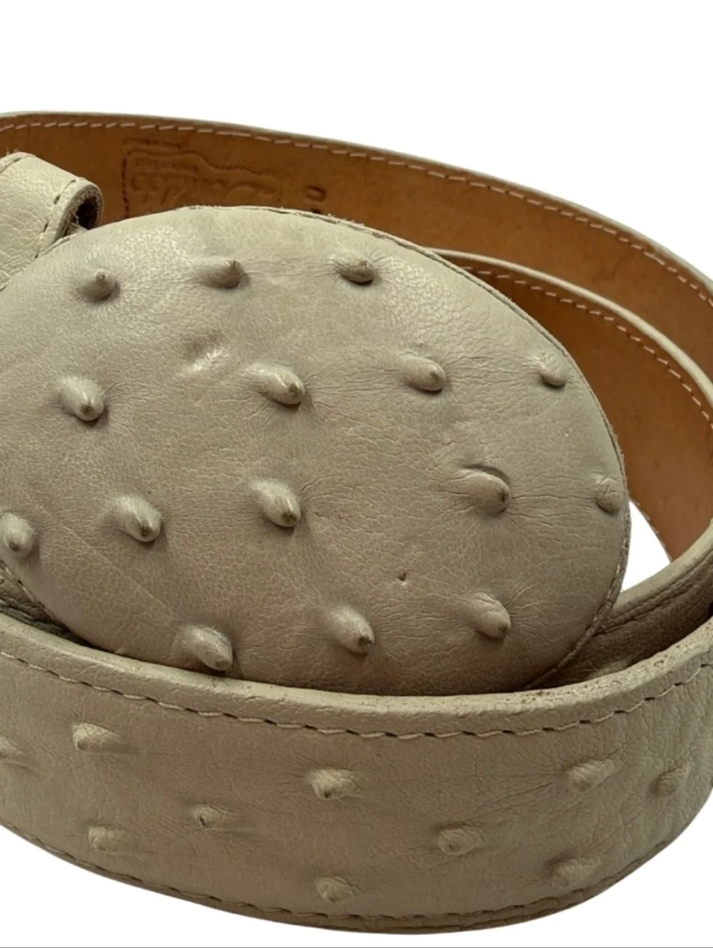 DONALDO Genuine Ostrich Leather Western Belt Cream Ivory Oversized Buckle Sz.40